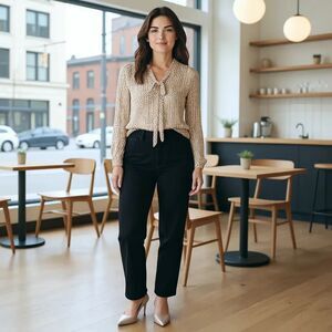 Adrienne Vittadini Peach and Brown Striped Blouse Scarf Tie Neck Size Large